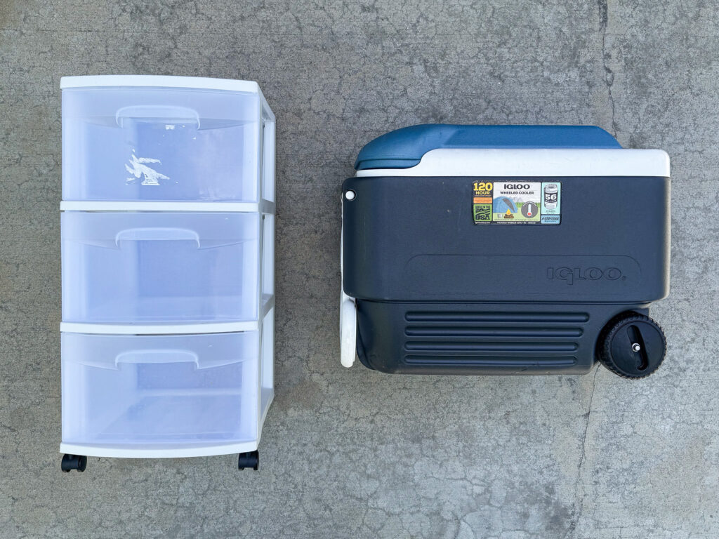 Small 3-drawer cart with wheels and Igloo brand wheeled cooler