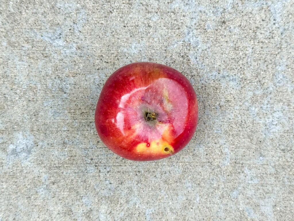 A single red apple with yellow patch and small worm hole.